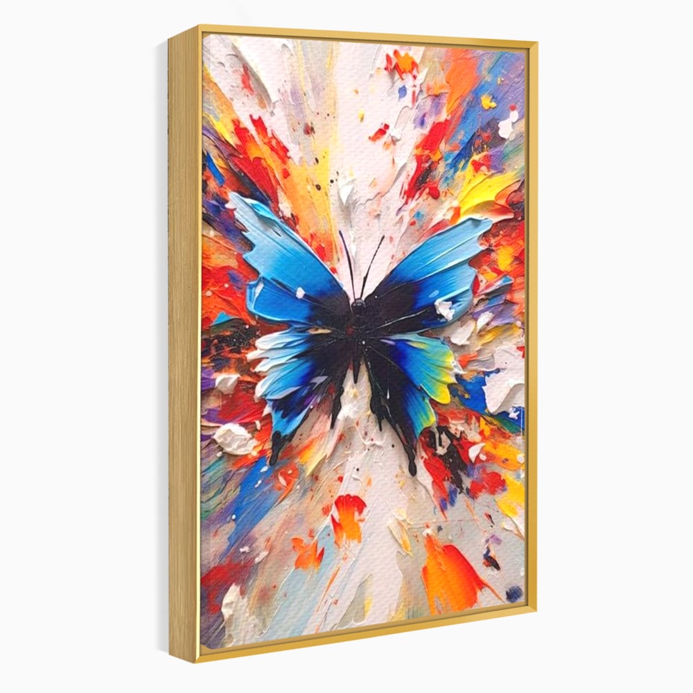 Tablou canvas cu tablou canvas cu fluture albastru, in rama de aluminiu auriu